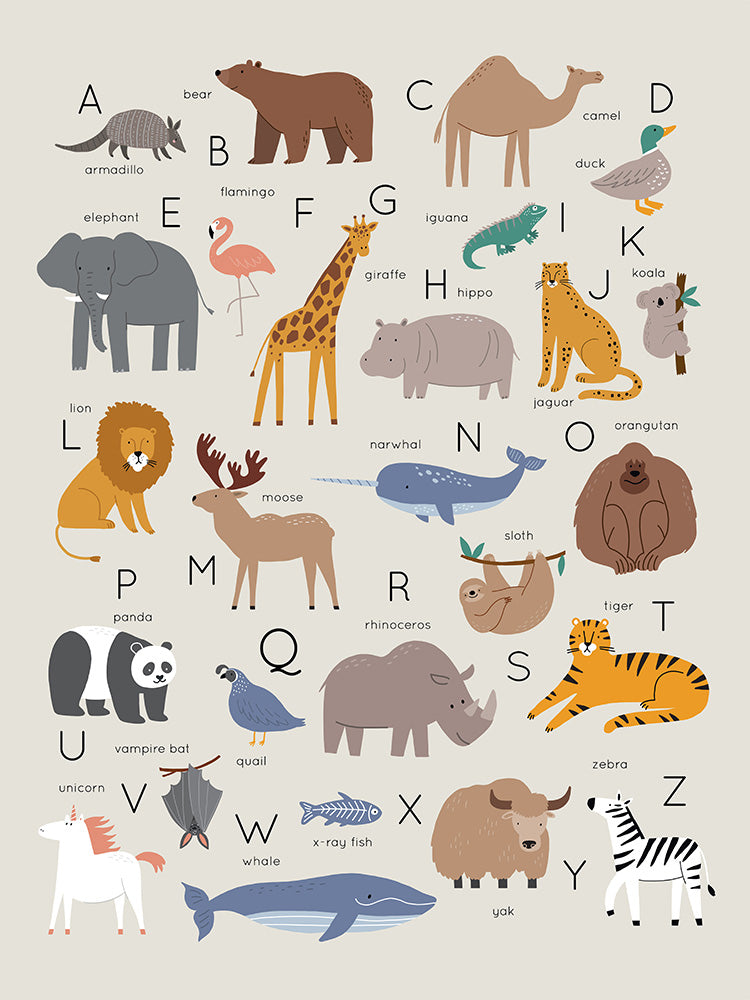 Wilderness Safari Animal Alphabet Poster, ABC Wall Art for Babies and Kids (without Frame)