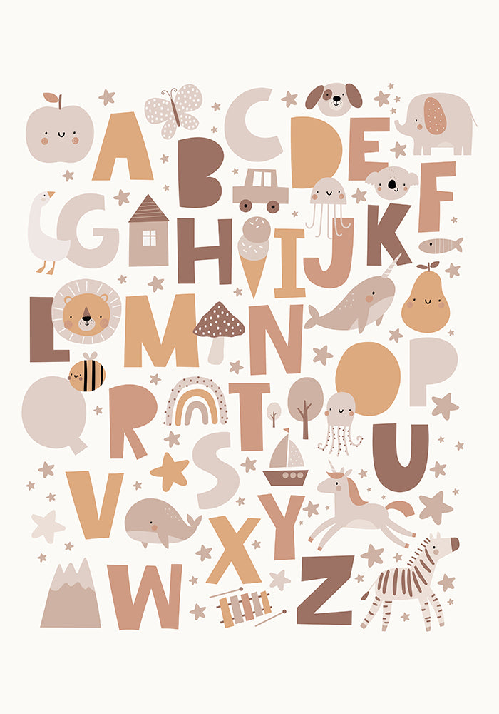 Boho Bliss ABC Poster, Adorable Alphabet Animal and Object Wall Art for Babies and Toddlers (without Frame)