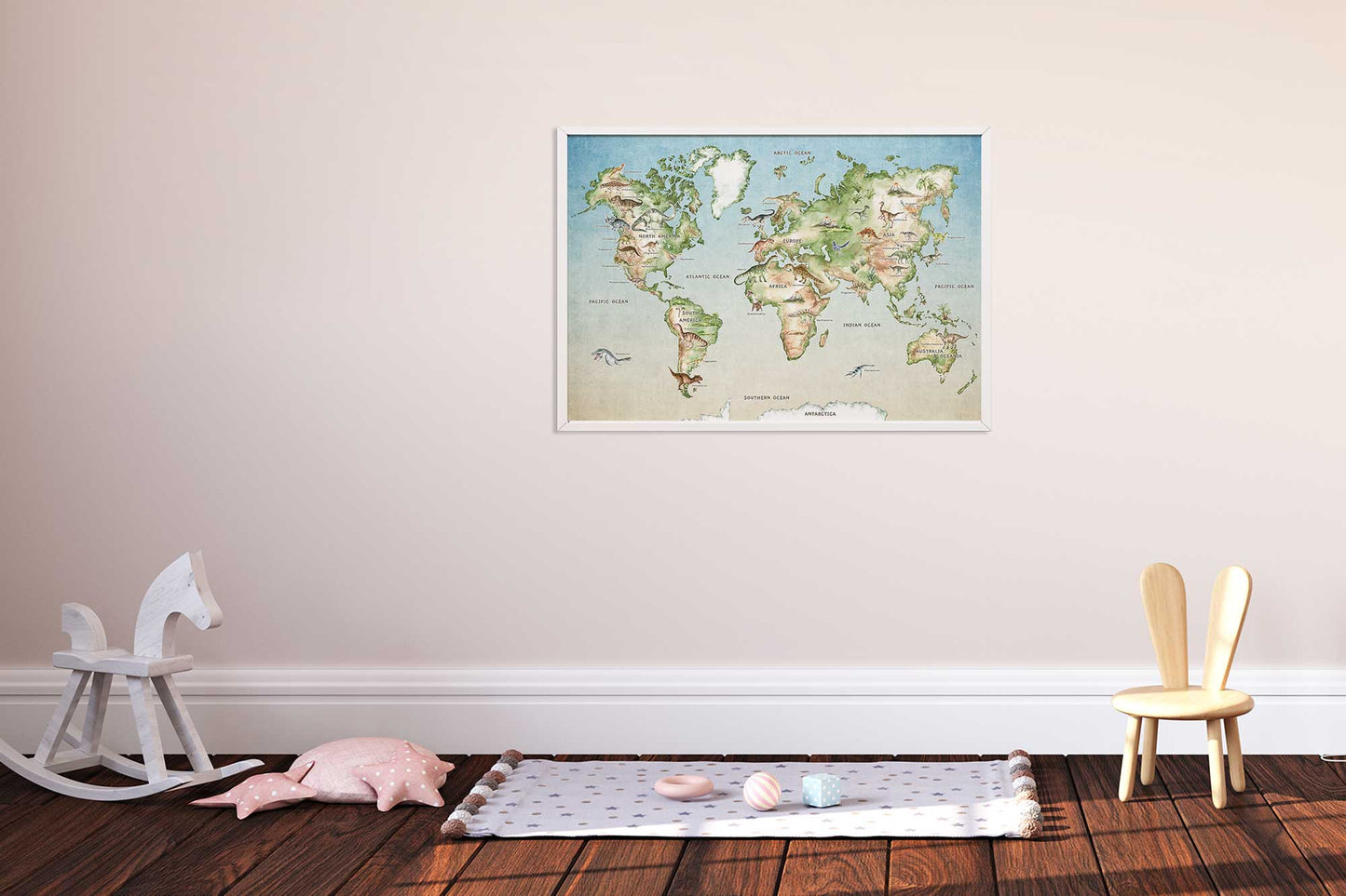 Prehistoric Explorer's Dinosaur World Map Poster 36x24" Wall Art for Babies and Toddlers (without Frame)