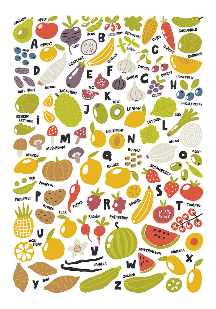 Harvest Time ABC Poster, Fruit and Vegetable Alphabet Wall Art for Babies and Toddlers (without Frame)