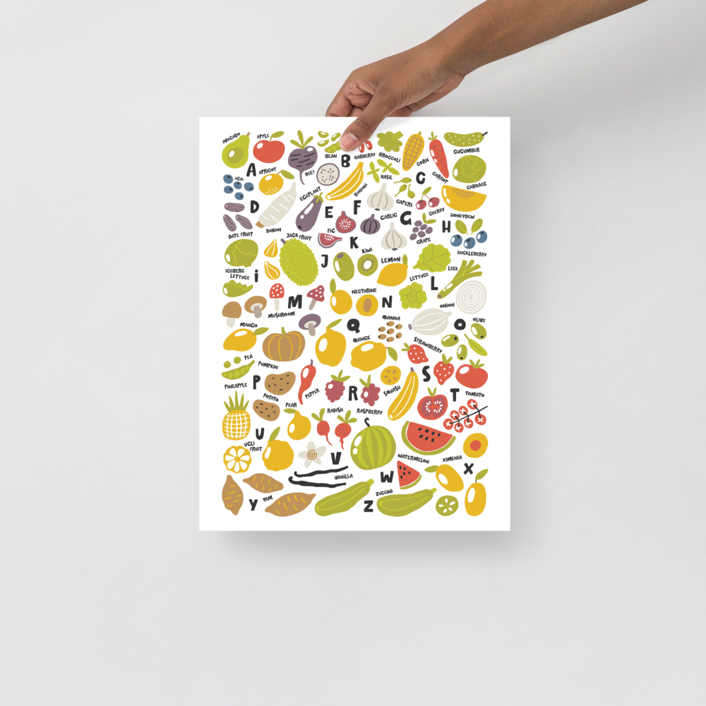 Harvest Time ABC Poster, Fruit and Vegetable Alphabet Wall Art for Babies and Toddlers (without Frame)