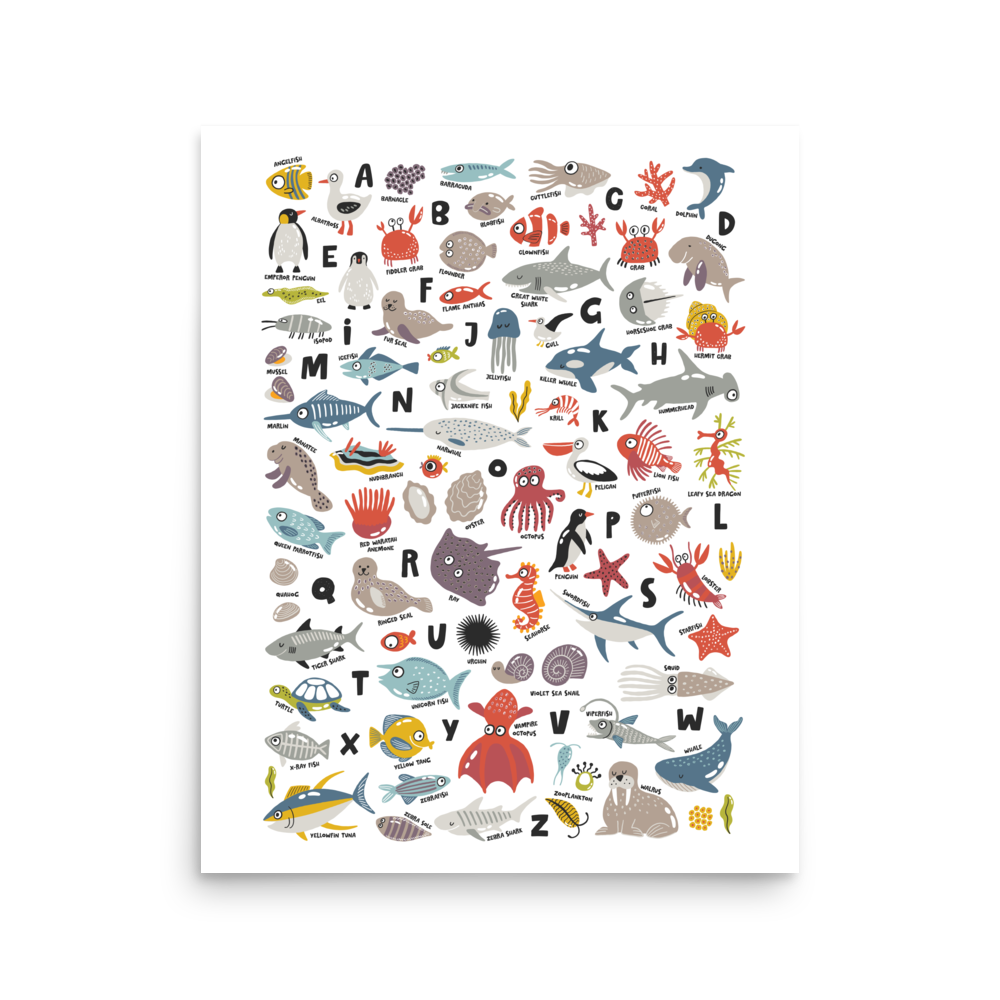 Underwater Alphabet Adventure Poster - Marine Animal ABC Wall Art for Babies and Toddlers Room (without Frame)