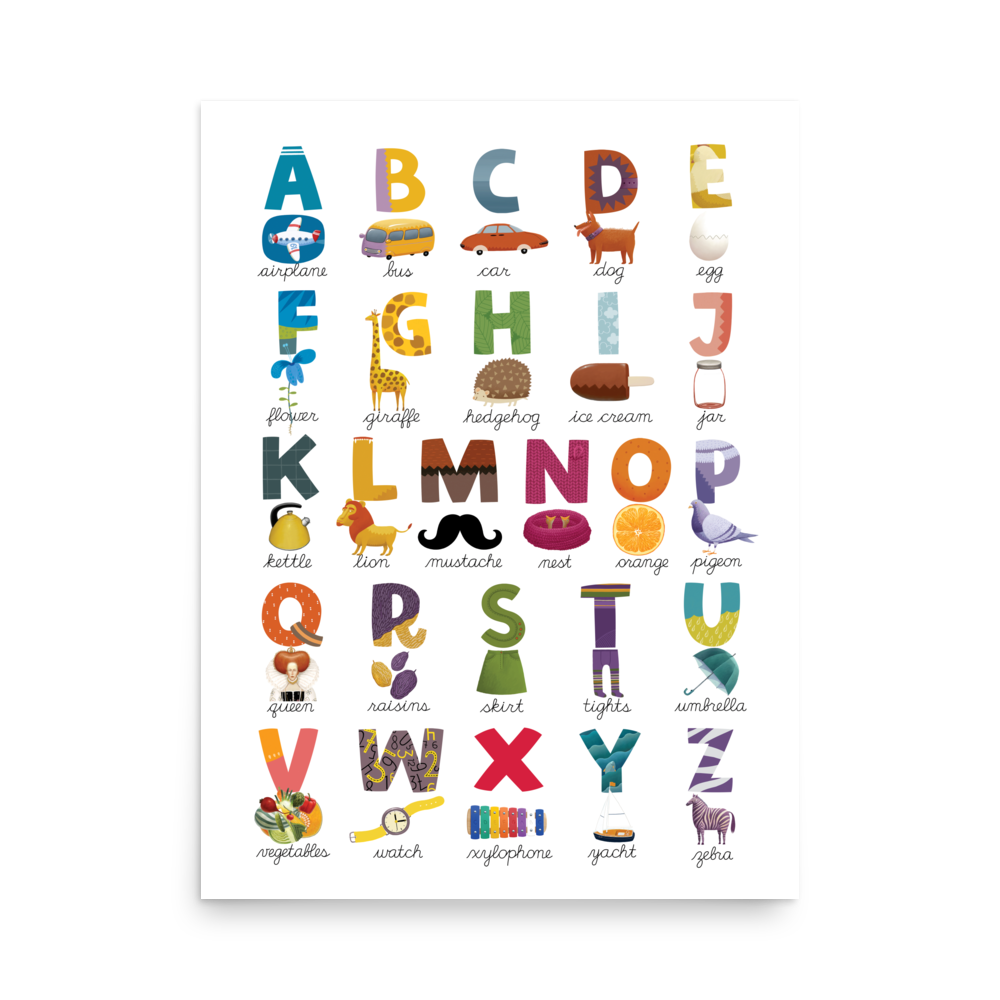 Retro ABC Wonders Poster, Alphabet Wall Art for Babies and Toddlers (without Frame)