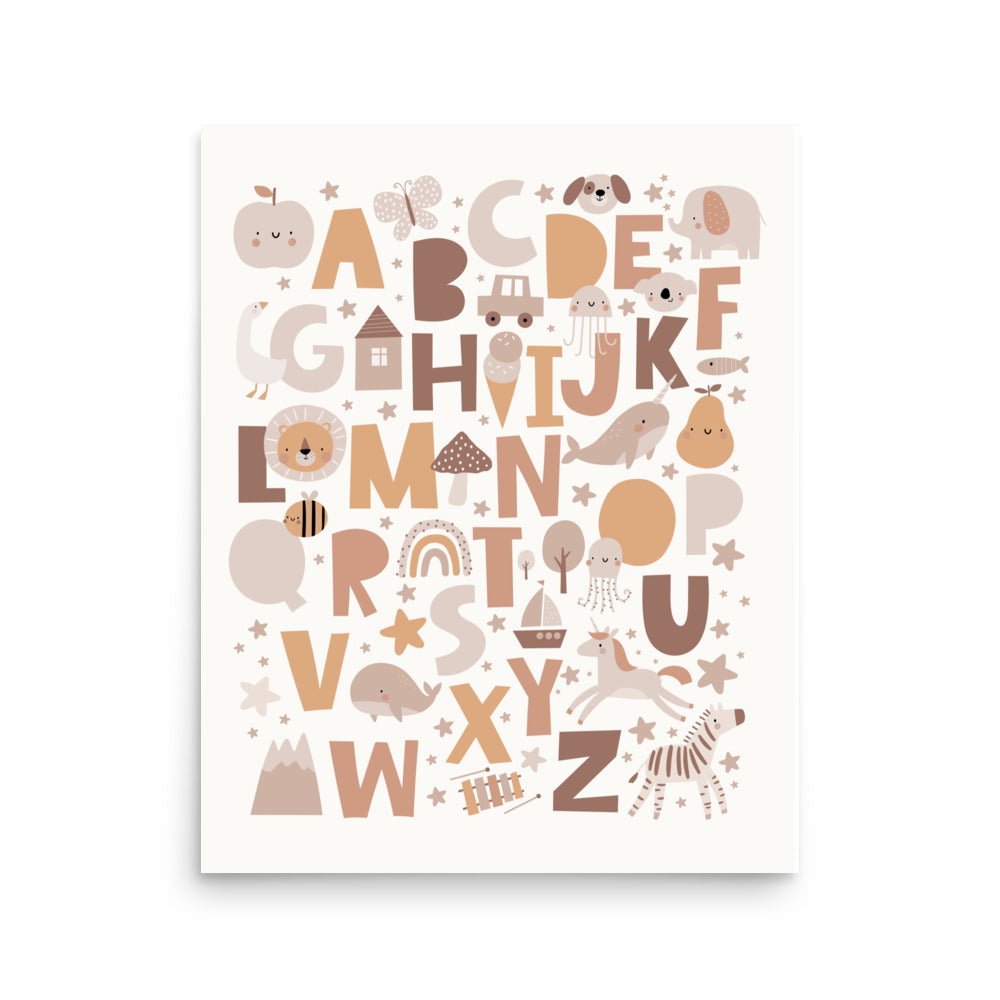 Boho Bliss ABC Poster, Adorable Alphabet Animal and Object Wall Art for Babies and Toddlers (without Frame)