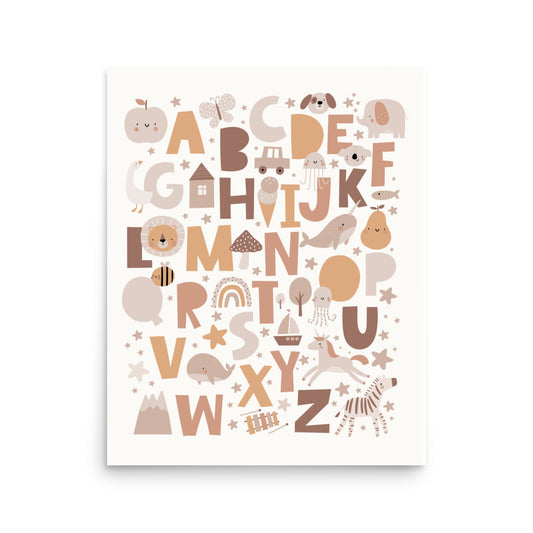 Boho Bliss ABC Poster, Adorable Alphabet Animal and Object Wall Art for Babies and Toddlers (without Frame)