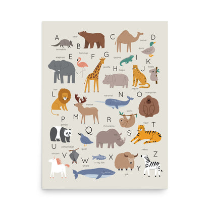 Wilderness Safari Animal Alphabet Poster, ABC Wall Art for Babies and Kids (without Frame)