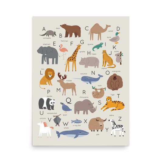 Wilderness Safari Animal Alphabet Poster, ABC Wall Art for Babies and Kids (without Frame)