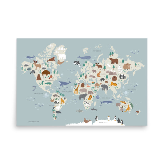 Tiny Traveler's Animal World Map 36x24" Map Wall Art for Babies and Kids (without Frame)